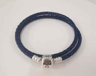 925 sterling silver Ale Pandora Size Small  Dark Blue Woven Double wrap Leather Charm Bracelet