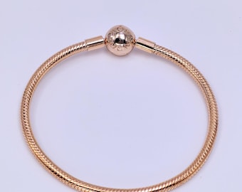 Pandora Rose Gold Snake Charm Bracelet, Engraved Ball Clasp Base Bangle, Blank European Bead Holder Jewelry Gift For Her
