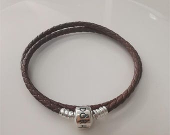 925 Sterling Silber Ale Pandora Brown Doppelverpackung geflochtenes Lederarmband