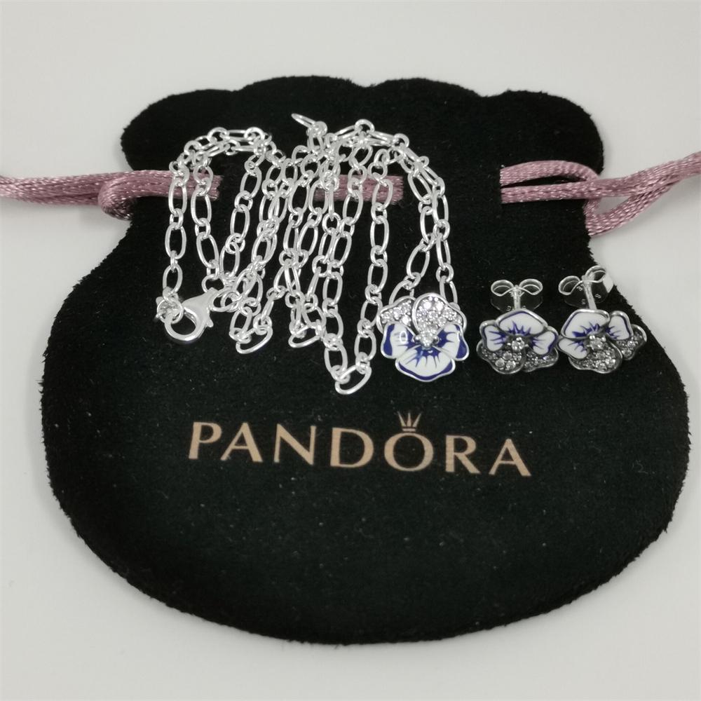 PANDORA ブルーフラワーピアス＆ネックレスセット　シルバー925 Pandora Blue Pansy Necklace Jewelry Set 45cm - Etsy