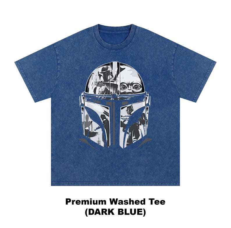 May include: Dark blue t-shirt with a black and white graphic of a Mandalorian helmet and Baby Yoda. The shirt has short sleeves and a crew neck. The text at the bottom of the shirt reads "Premium Washed Tee (DARK BLUE)".