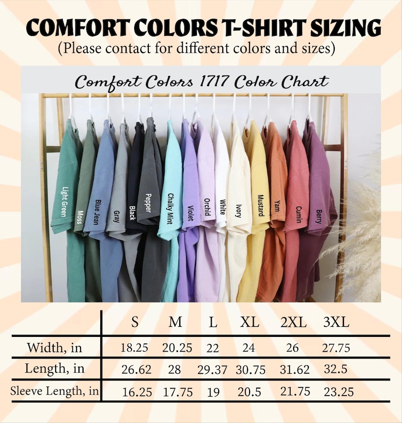 Op de afbeelding: Een kleurenkaart voor Comfort Colors T-shirts, met kleuren zoals Lichtgroen, Blue Jean en Berry. De kaart bevat maatvoering, met breedtes van 46,35 cm tot 70,49 cm, lengtes van 67,62 cm tot 82,55 cm en mouwlengtes van 41,28 cm tot 59,05 cm.