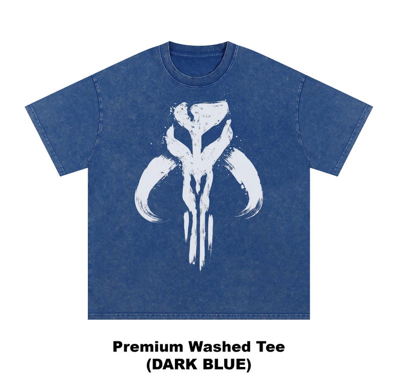 May include: Dark blue washed tee shirt featuring a white graphic design. The graphic is a stylized, abstract symbol. The shirt has short sleeves and a crew neck. The text at the bottom of the image reads "Premium Washed Tee (DARK BLUE)".