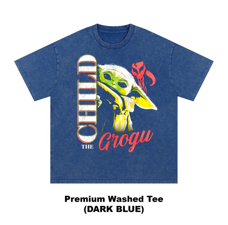 May include: Dark blue premium washed tee featuring a graphic of Grogu, also known as The Child, from The Mandalorian. The graphic includes the word "CHILD" in white and the name "Grogu" in red.