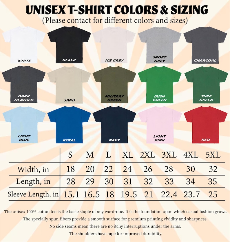 Op de afbeelding: Een tabel met unisex t-shirtkleuren en -maten. Kleuren zijn wit, zwart, ijsgrijs, sportgrijs, houtskool, donkergrijs, zand, legergroen, Iers groen, grasgroen, lichtblauw, koninklijk, marine, lichtroze en rood. Maten van S tot 5XL, afmetingen in cm.