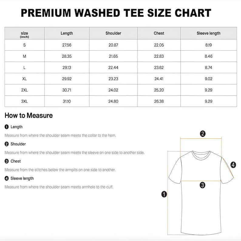Op de afbeelding: Een witte maattabel voor premium gewassen T-shirts, met afmetingen in inches voor maten S tot 3XL. Inclusief lengte, schouder, borst en mouwlengte. Toont ook hoe je elk deel van het shirt meet.