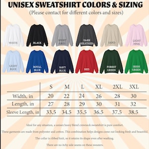 Op de afbeelding: Afbeelding toont unisex crewneck sweatshirts in diverse kleuren, waaronder wit, zwart en lichtroze. Een maattabel toont afmetingen in cm voor breedte, lengte en mouwlengte, vari&euml;rend van maat S tot 3XL.