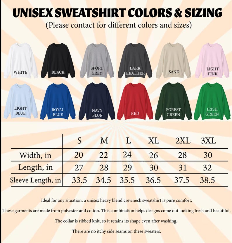 Op de afbeelding: Afbeelding toont unisex crewneck sweatshirts in diverse kleuren, waaronder wit, zwart en lichtroze. Een maattabel toont afmetingen in cm voor breedte, lengte en mouwlengte, vari&euml;rend van maat S tot 3XL.