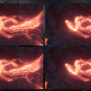 May include: Four-panel image of an abstract, fiery design. The artwork displays swirling, glowing orange and red elements against a dark, textured background, creating a dynamic and energetic visual.