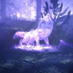 May include: An ethereal wolf, glowing with purple and white light, stands in a misty forest. The scene is set in a dark woodland with trees and foliage. The wolf has a fiery aura, creating a mystical atmosphere.