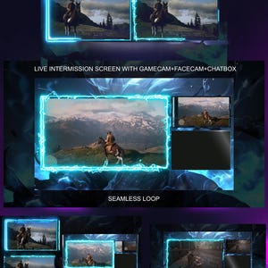 Pode incluir: Um design de sobreposição digital para streaming ao vivo, com um tema western. O design inclui várias telas com um cowboy a cavalo em uma paisagem montanhosa, emolduradas por uma borda azul brilhante. O texto diz "LIVE INTERMISSION SCREEN" e "SEAMLESS LOOP."
