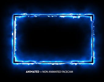Könnte beinhalten: Ein rechteckiger blauer Rahmen mit einem leuchtenden, elektrischen Effekt vor schwarzem Hintergrund. Der Rahmen hat ein helles, animiertes Aussehen, mit dem Text "ANIMATED + NON ANIMATED FACECAM" unten.
