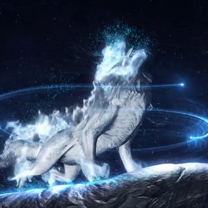 May include: A digital illustration of a spectral wolf standing on a rocky surface, with glowing blue energy swirling around it. The wolf is white and appears to be made of light, set against a dark, starry background.