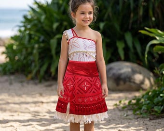 Mädchen Moana Inspiriert Rotes Prinzessin Kleid Set | Florale Details, eine Schulter, Geburtstags-Outfit