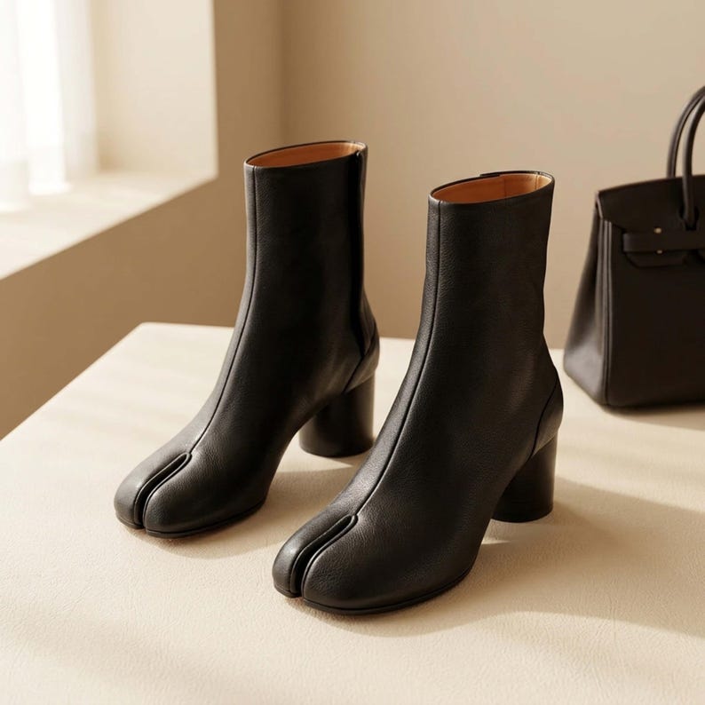 May include: A pair of black ankle boots featuring a distinct split-toe design, a vertical seam running up the front, and a sturdy cylindrical block heel. The boots are crafted with a smooth finish and reach just above the ankle, showcasing a clean silhouette.