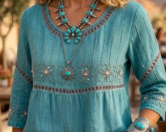 Vintage Boho Paisley Print Blouse | Crew Neck Tunic | Hippie Chic 3/4 Sleeve Top