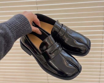 Damen-Lederslipper mit geteilter Zehenpartie | Unisex-Tabi-Schuhe mit Blockabsatz | Schuhe im japanischen Retro-Stil