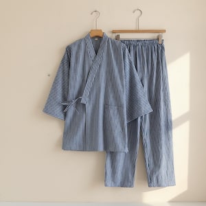 Cotton Kimono Pajama Set | Vertical stripe Japanese Loungewear
