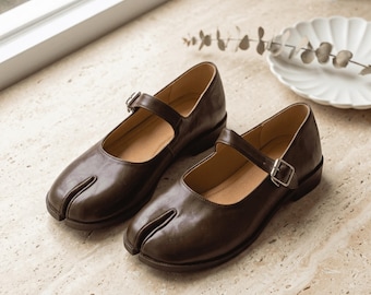 Women’s Black Tabi Flats |  Split Toe Mary Jane Shoes | Minimalist PU Leather Low Heel Footwear |  Comfortable Everyday Shoe