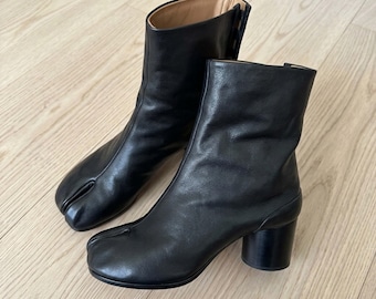 Women’s Leather Tabi Boots, Split Toe Mid Calf Boots, Chunky Heel Minimalist Ankle Boots, Japanese Style Wide Fit Footwear