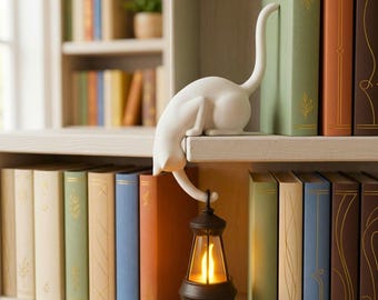 Cat Shelf Ornament holding hanging Flickering lantern | Book lover gift |  Cozy home Decor | Cat lover gift