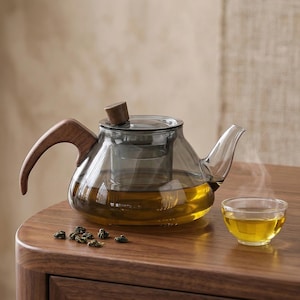May include: A glass teapot with a wooden handle and lid, filled with tea. A small glass teacup is next to the teapot, also filled with tea. The teapot sits on a wooden surface.