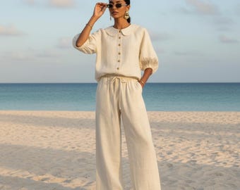 Linen Two Piece Set Women | Peter Pan Collar Blouse, Wide Leg Trousers | Summer Lounge Co-ord