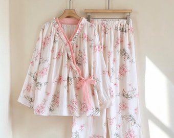 Conjunto de pijama 100% algodón, muselina / kimono de encaje de jardín, ropa de casa de algodón y lino / ropa cómoda para estar en casa para mujer