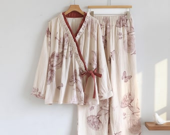 Crinkle Baumwolle Pyjama Set | Gaze-Schlafanzug für Frauen | Floral Schmetterling Print Wrap Nachtwäsche