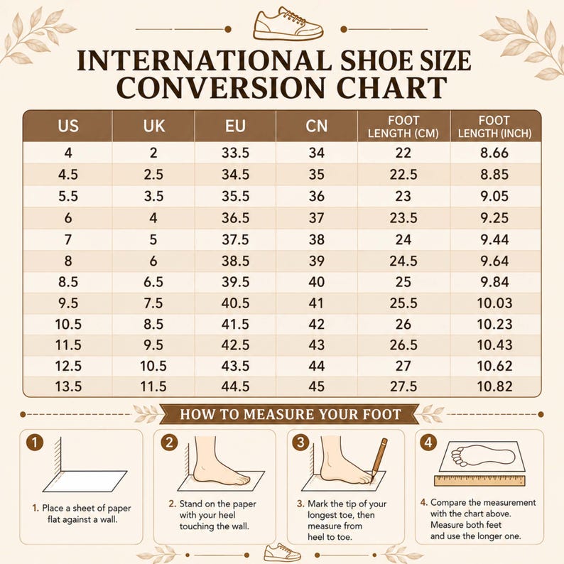 May include: An international shoe size conversion chart with a table comparing US, UK, EU, and CN sizes alongside foot length in centimeters and inches. Below, four illustrated steps demonstrate how to measure foot length using paper and a pencil.