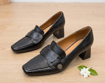 Women's Leather Square Toe Loafers |  Retro Block Heel Pumps | Vintage Lined Comfort Shoes