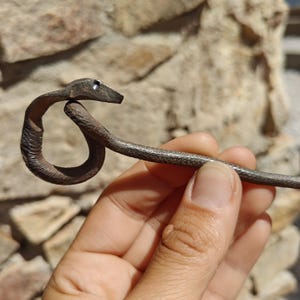 Könnte beinhalten: Eine handgeschmiedete Schlangenfigur aus dunkelbraunem Metall mit einer texturierten, schuppigen Oberfläche. Die Schlange ist kreisförmig gewunden, wobei der Kopf oben positioniert ist und eine kleine, deutliche Vertiefung als Auge aufweist.