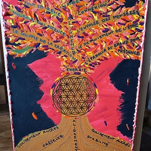 Pode incluir: Pintura abstrata com um design semelhante a uma árvore e uma esfera geométrica dourada no centro. A obra de arte utiliza uma paleta vibrante de rosa, laranja, amarelo e azul, com texto em francês. A pintura é emoldurada com uma borda rosa.