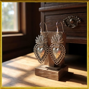 Sacred Heart Earrings Silver | Mexican Milagro Jewelry | Vintage Religious Dangle Earrings for Women | Handmade Gift Jewelry