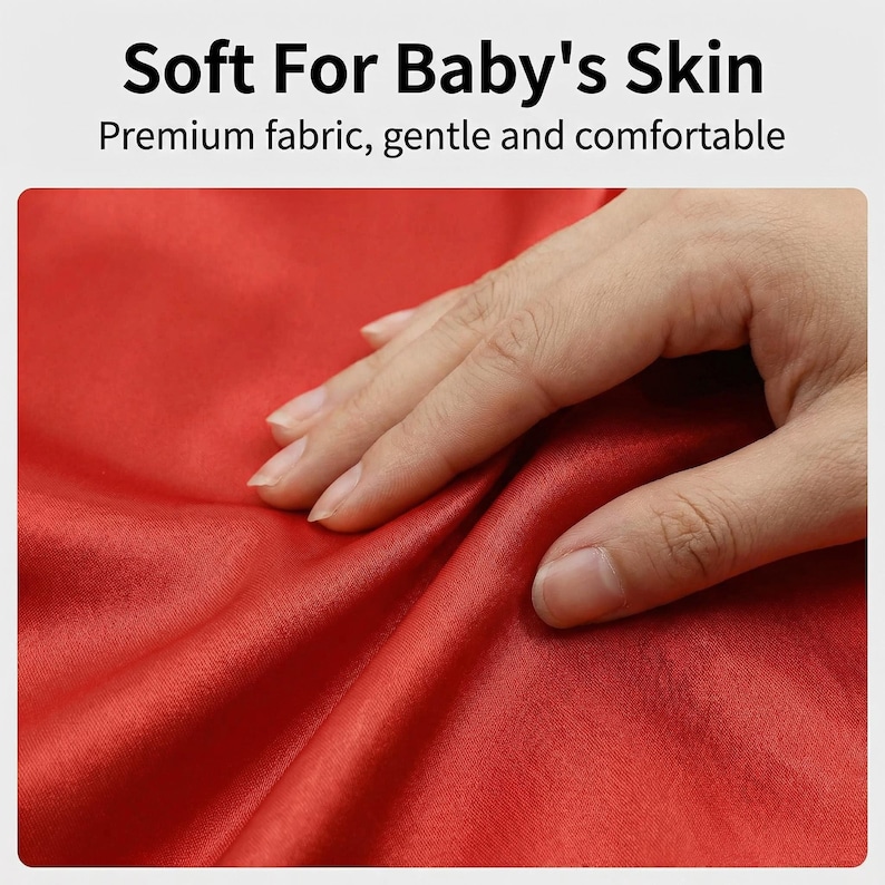 K&ouml;nnte beinhalten: Nahaufnahme eines roten Stoffes mit dem Text "Soft For Baby's Skin" und "Premium fabric, gentle and comfortable". Eine Hand ber&uuml;hrt den Stoff und hebt seine weiche Textur und Qualit&auml;t hervor, ideal f&uuml;r Babys.