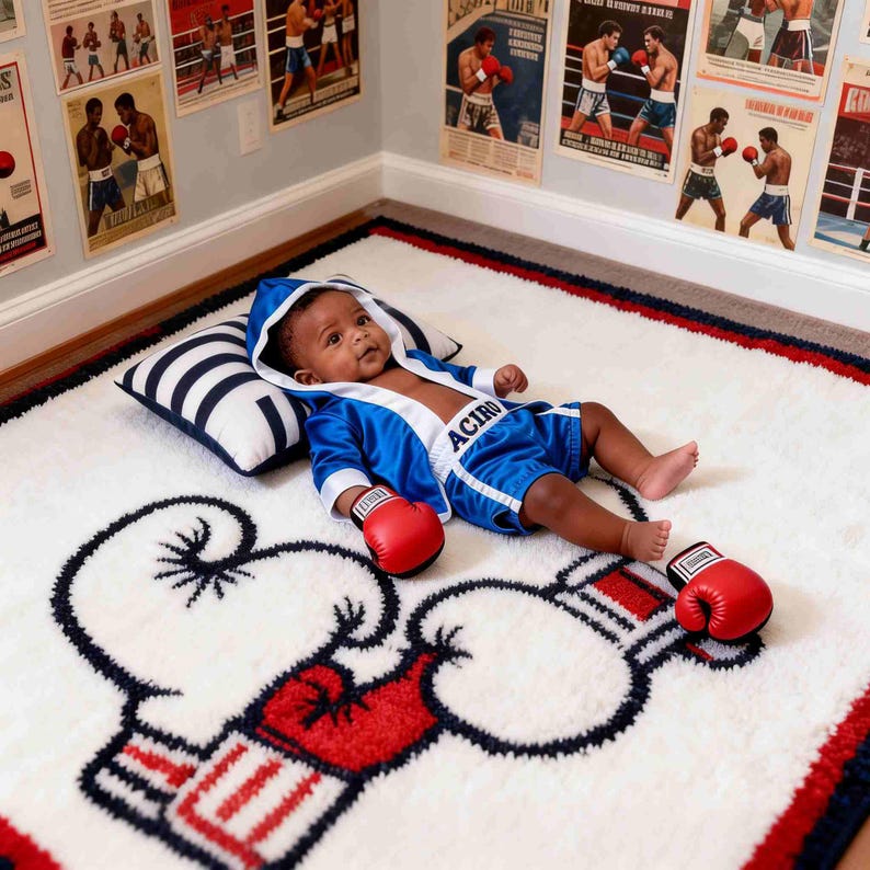K&ouml;nnte beinhalten: Ein Baby in einem blauen Box-Outfit, das auf einem wei&szlig;en Teppich mit Boxhandschuh-Design liegt. Das Baby tr&auml;gt rote Boxhandschuhe. Box-Poster schm&uuml;cken die Wand.