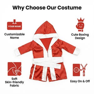 K&ouml;nnte beinhalten: Rotes Boxkost&uuml;m mit wei&szlig;er Verzierung, bestehend aus einem Kapuzenmantel und Shorts. Das Bild enth&auml;lt Text: "Why Choose Our Costume", "Customizable Name", "Cute Boxing Design", "Soft Skin-friendly Fabric" und "Easy On & Off".