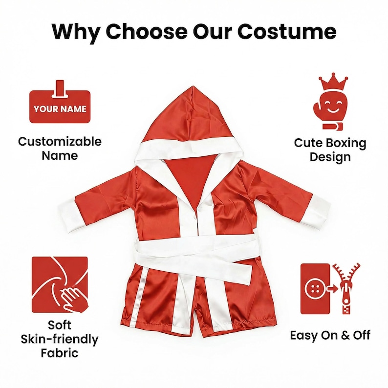 K&ouml;nnte beinhalten: Rotes Boxkost&uuml;m mit wei&szlig;er Verzierung, bestehend aus einem Kapuzenmantel und Shorts. Das Bild enth&auml;lt Text: "Why Choose Our Costume", "Customizable Name", "Cute Boxing Design", "Soft Skin-friendly Fabric" und "Easy On & Off".