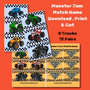 May include: A Monster Jam match game with illustrations of monster trucks in various colours on light blue cards with a black and white chequered border. The game includes 8 trucks and 15 pairs, ready to download, print, and cut.