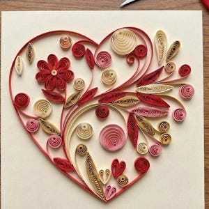 May include: A paper quilling art piece shaped like a heart on a cream-colored background. The design features intricate scrolls, coils, and floral patterns in shades of red, pink, and cream. Crafting tools and paper strips are visible around the edges.
