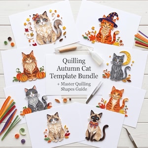 May include: A Quilling Autumn Cat Template Bundle + Master Quilling Shapes Guide featuring seven paper quilled cat designs with autumn motifs, including pumpkins, leaves, and stars, alongside a quilling tool, glue bottle, tweezers, and paper strips.