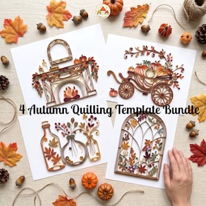 Könnte beinhalten: Ein 4 Autumn Quilling Template Bundle mit vier Papierkunst-Designs: ein Kamin mit Kaminsims, ein mit Kürbissen gefüllter Wagen, drei Glasflaschen mit Herbstlaub und ein Bogenfenster, das mit bunten Herbstblättern gefüllt ist.