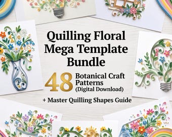 Può includere: Un pacchetto di download digitale con 48 modelli di quilling botanico e una guida alle forme. L'immagine mostra vari design di filigrana di carta, tra cui fiori, lampadine, una finestra e una busta, insieme a strisce di carta colorate.