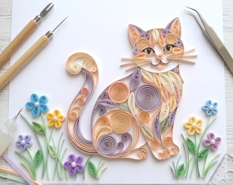 Quilled Cat Craft Kit, Animal Paper Quilling Tutorial (Digital Download)