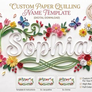 Puede incluir: Una plantilla de nombre de quilling de papel personalizada con el nombre "Sophia" en blanco, rodeada de coloridas flores de papel, mariposas y vegetación. El texto "Custom Paper Quilling Name Template (Digital Download)" está en la parte superior.