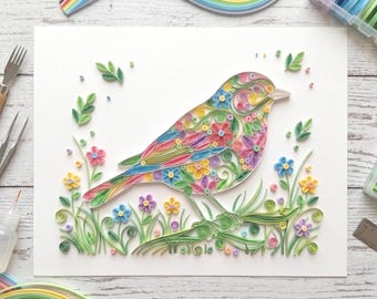 Quilled Floral Bird Craft Kit, Botanical Bird Paper Quilling Tutorial (Digital Download)