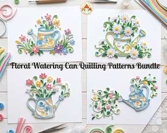 May include: A collection of four paper quilling art pieces featuring floral watering can designs. Each piece displays intricate coiled paper strips forming flowers, leaves, and watering cans in various colors. The text Floral Watering Can Quilling Patterns Bundle is centered in the middle of the image.
