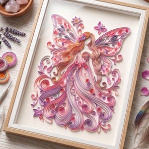 May include: A framed paper quilling artwork depicting a fairy with long hair and wings. The fairy is made from pink, purple, and orange paper strips, with floral and butterfly details. The artwork is set in a white mount and a light wood frame.