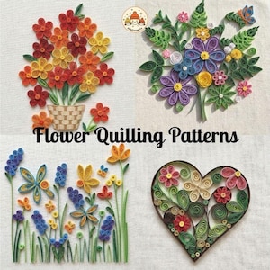 Floral Quilling Patterns Bundle, 4 Flower Craft Templates (Digital Download)