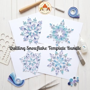 May include: A Quilling Snowflake Template Bundle featuring four intricate paper snowflake designs in shades of blue, purple, and white. The set includes a quilling tool, a circle sizing board, tweezers, glue, and coiled paper strips on a white surface.